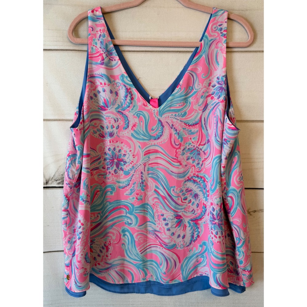 Lilly Pulitzer Florin Reversible Tank Top Pink Blue Paisley V-Neck XL 001271